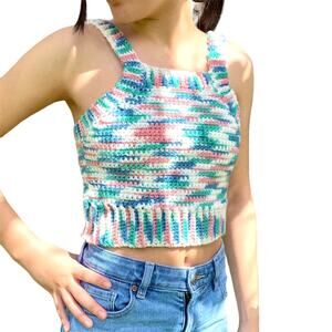 Crochet Crop Top Handmade Womens Size XS White Teal Pink Blue Acrylic ONE OFF